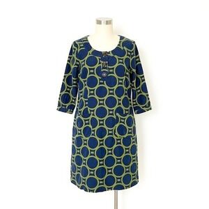 Boden Corduroy Print Dress US 10 Long Blue Green 3/4 Sleeve Pockets Mod Retro